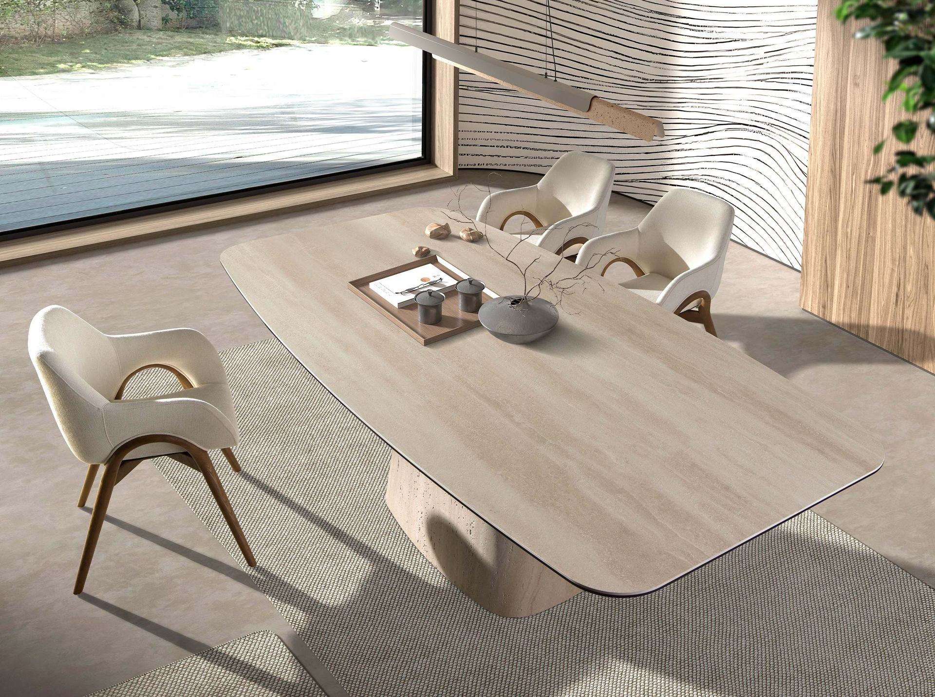 Oval barrel dining table in porcelain marble