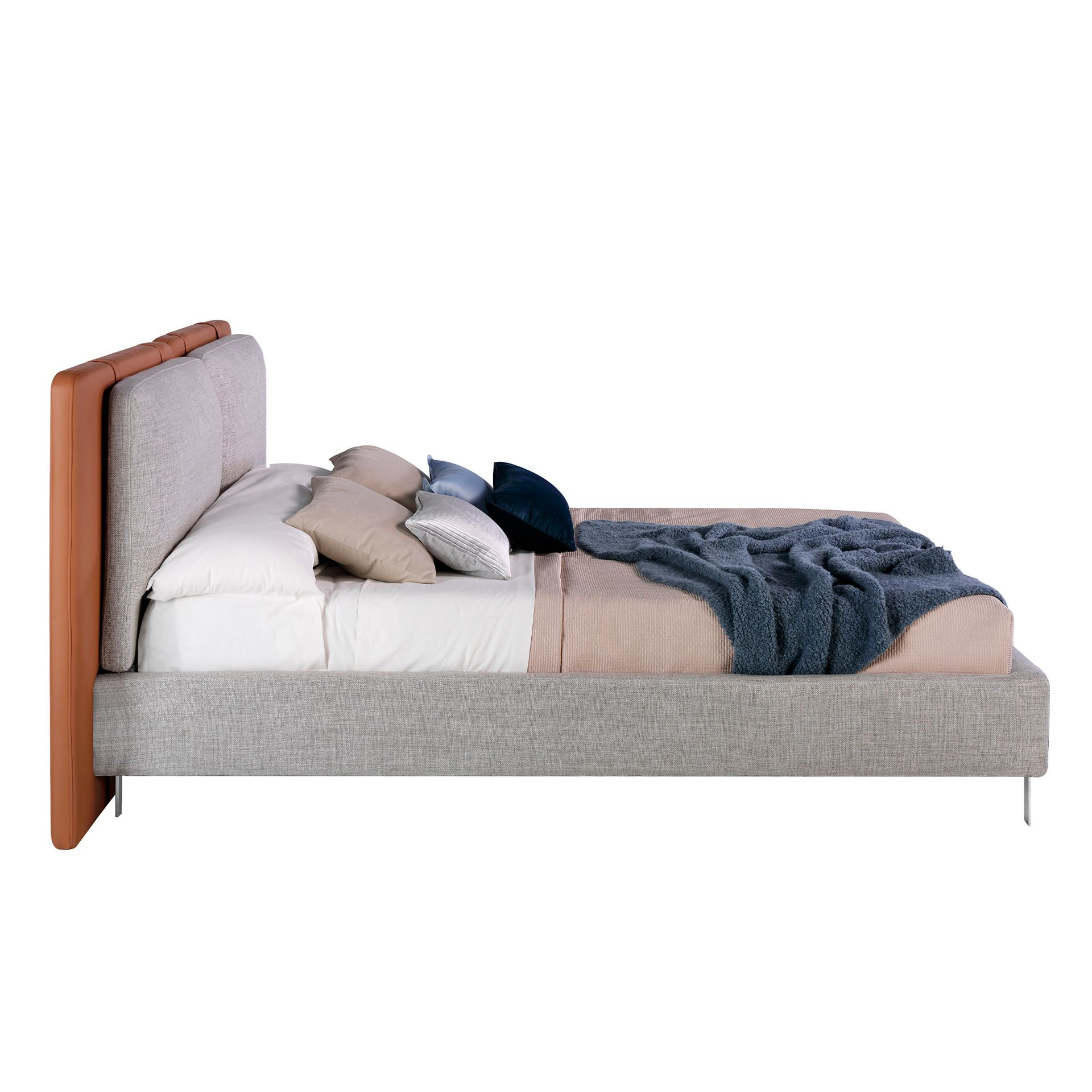 Brown leatherette bed with gray fabric