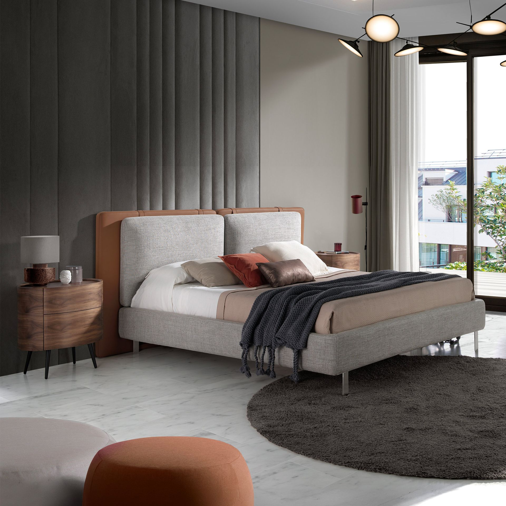 Brown leatherette bed with gray fabric
