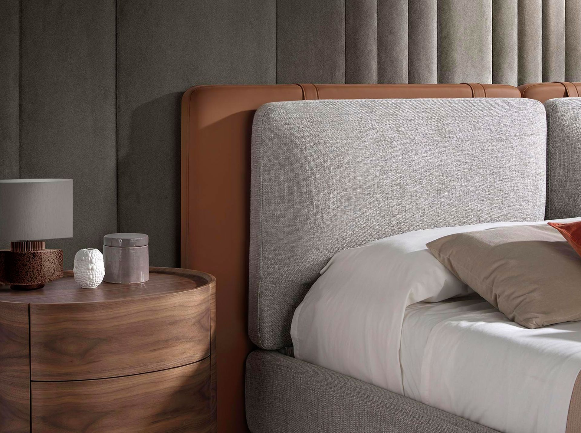 Brown leatherette bed with gray fabric