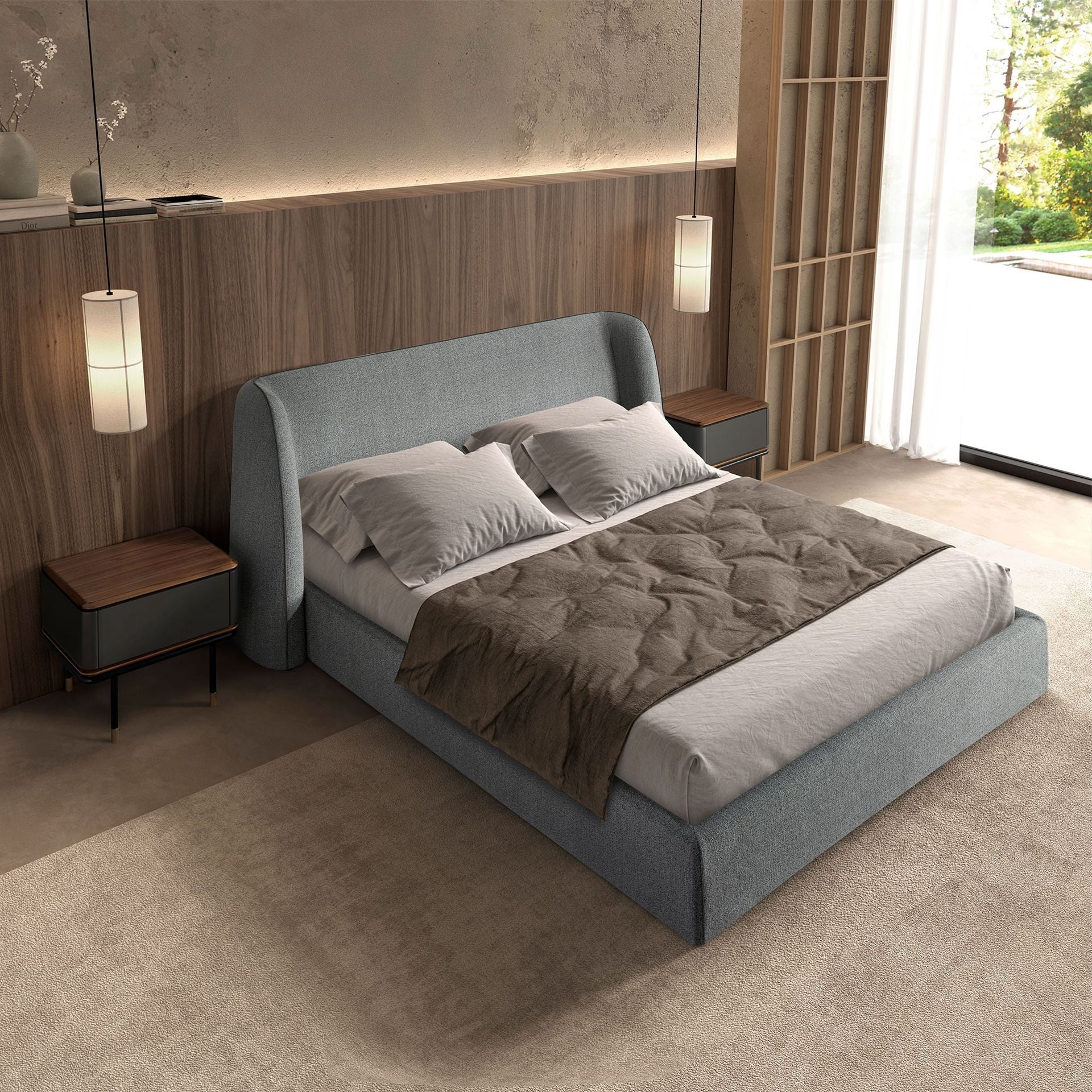 Bed in dark grey fabric