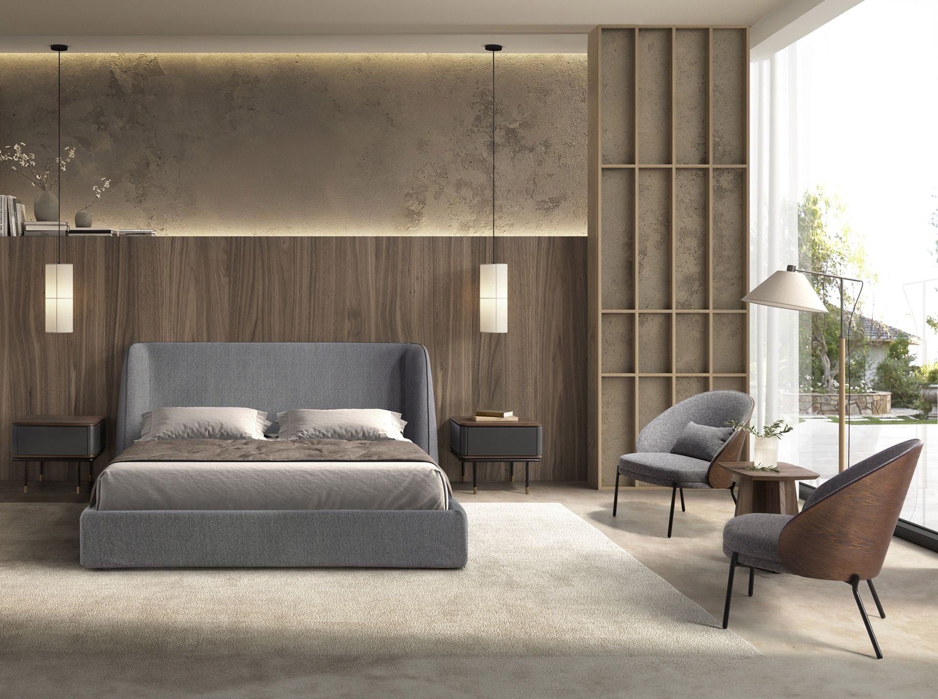 Bed in dark grey fabric