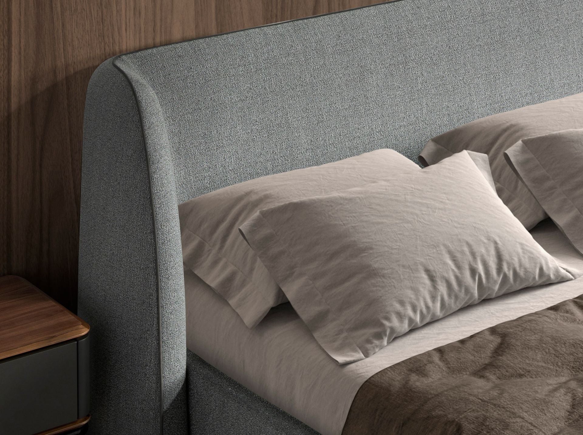 Bed in dark grey fabric