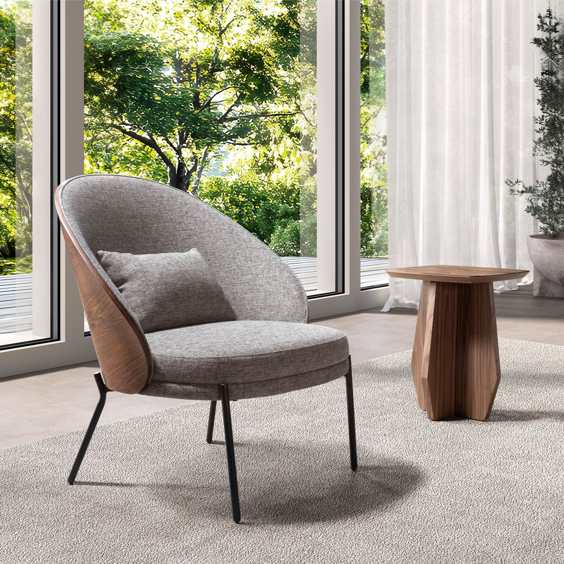 Armchair in grey and walnut fabric