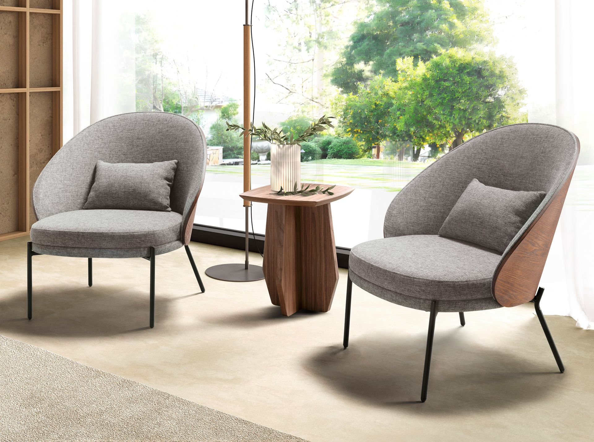 Armchair in grey and walnut fabric