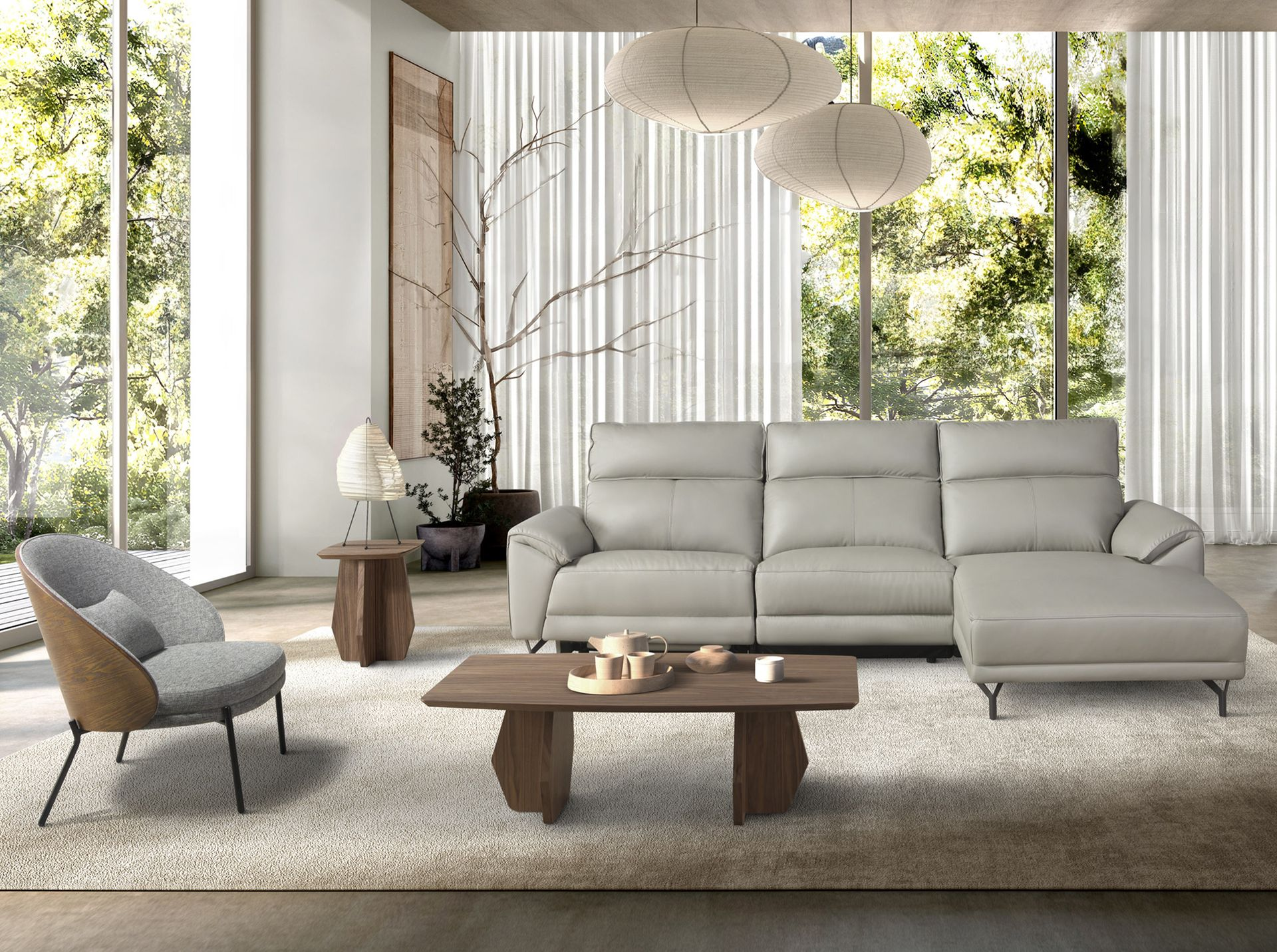 Armchair in grey and walnut fabric