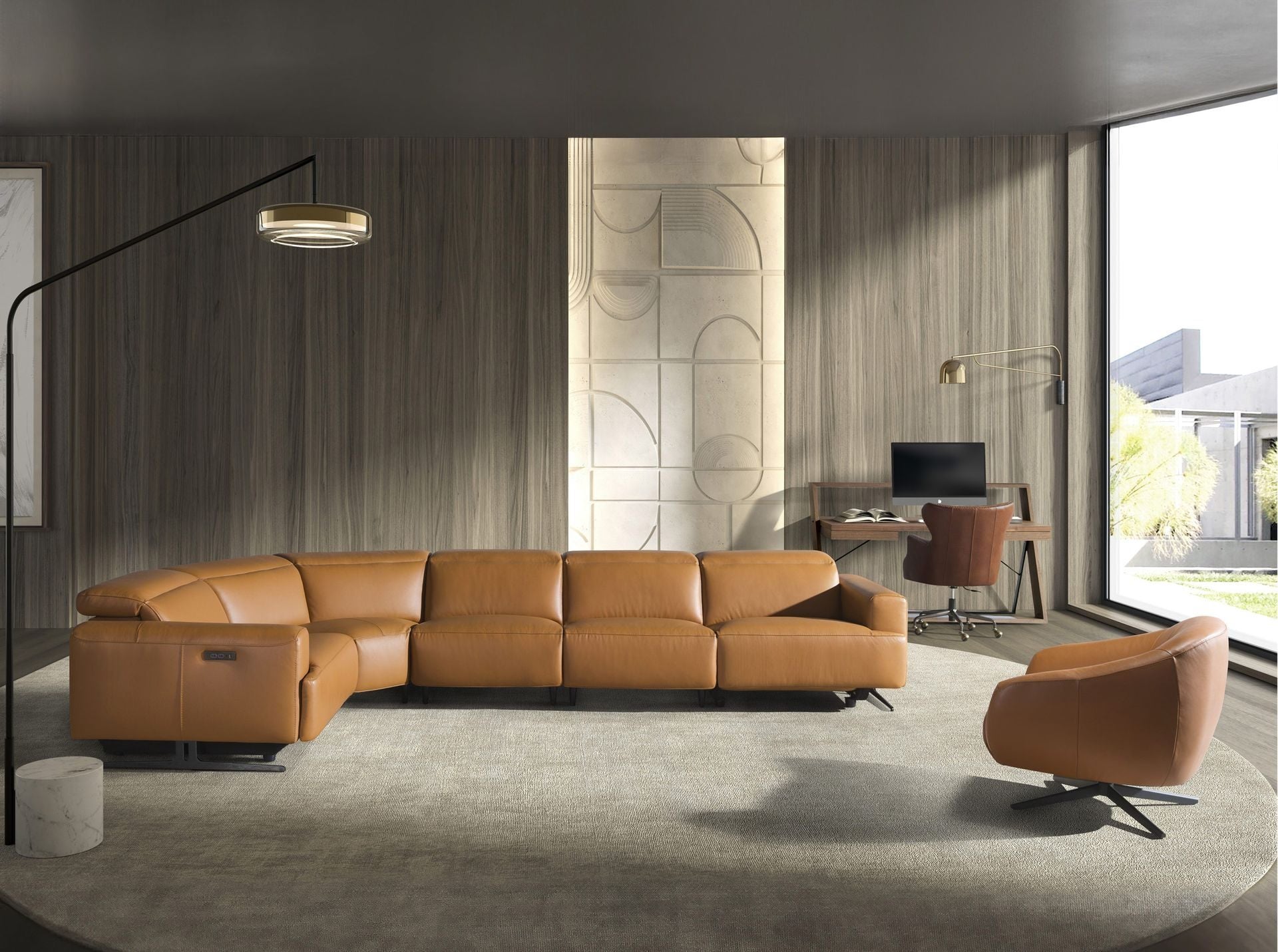 Brown leather modular relax corner sofa