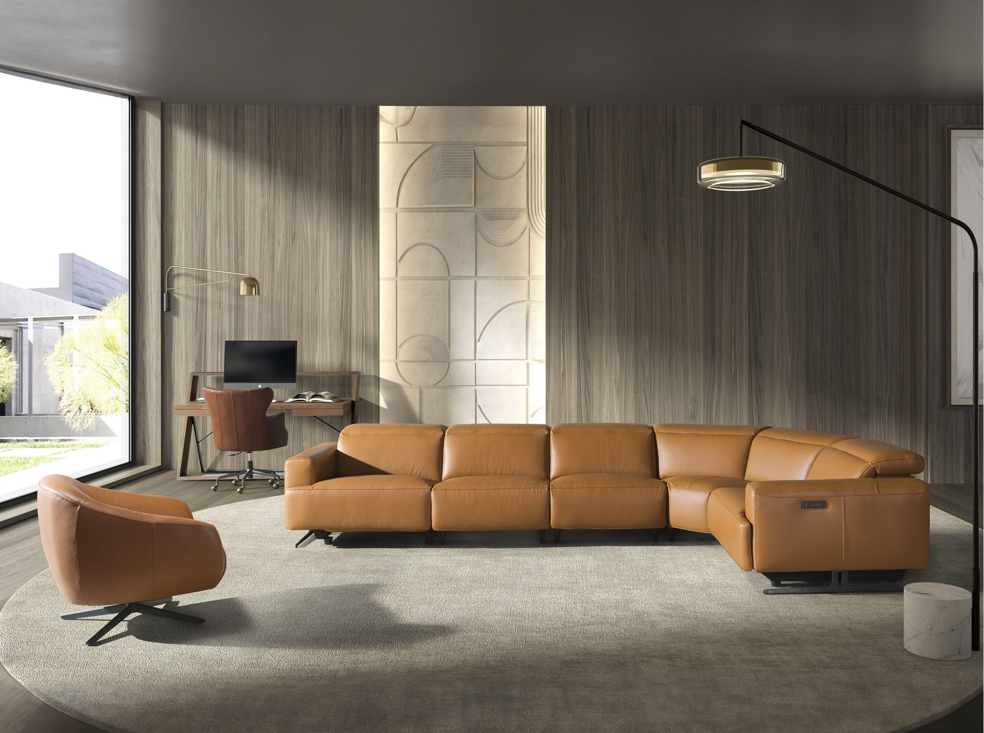 Brown leather swivel armchair